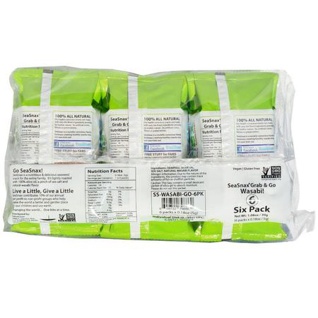 海藻小吃: SeaSnax, Grab & Go, Premium Roasted Seaweed Snack, Wasabi, 6 Pack, 0.18 oz (5 g) Each