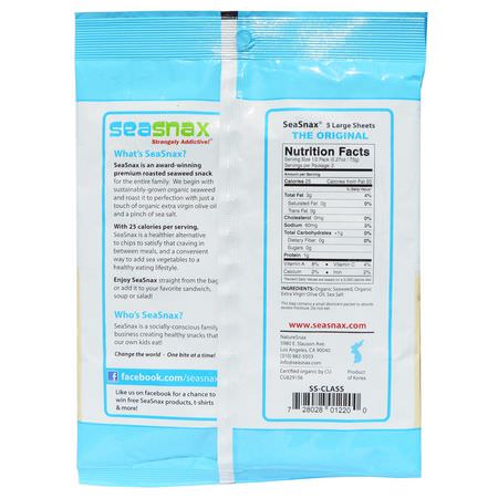 海藻小吃: SeaSnax, Organic Premium Roasted Seaweed Snack, Original, 0.54 oz (15 g)