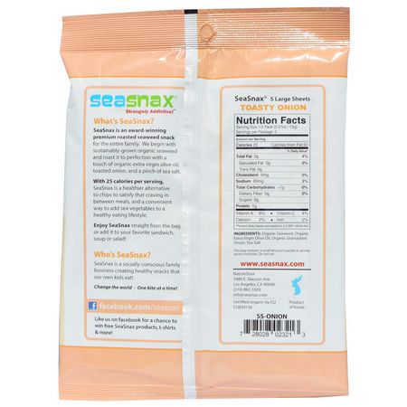 海藻小吃: SeaSnax, Organic Premium Roasted Seaweed Snack, Toasty Onion, 0.54 oz (15 g)