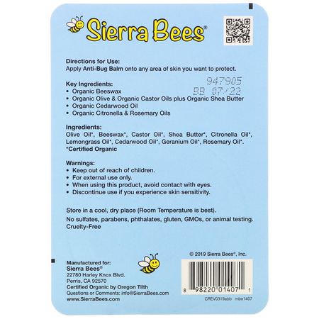 驅蟲劑, 臭蟲: Sierra Bees, Anti-Bug Balm, Cedarwood, Geranium & Rosemary Oil, 0.6 oz (17 g)