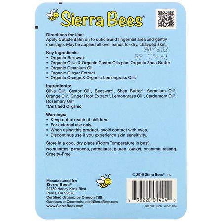 皮膚護理, 指甲護理: Sierra Bees, Cuticle Care Balm, Geranium, Orange & Lemongrass, 0.6 oz (17 g)