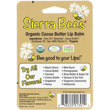 潤唇膏, 護唇霜: Sierra Bees, Organic Lip Balms, Cocoa Butter, 4 Pack, .15 oz (4.25 g) Each