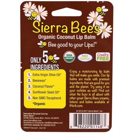 潤唇膏, 護唇: Sierra Bees, Organic Lip Balms, Coconut, 4 Pack, .15 oz (4.25 g) Each