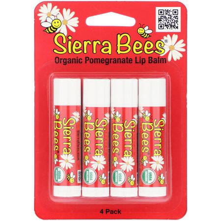 潤唇膏, 護唇: Sierra Bees, Organic Lip Balms, Pomegranate, 4 Pack, .15 oz (4.25 g) Each