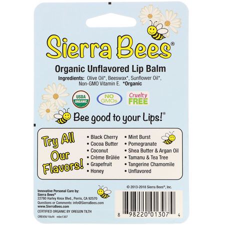 潤唇膏, 護唇霜: Sierra Bees, Organic Lip Balms, Unflavored, 4 Pack, .15 oz (4.25 g) Each