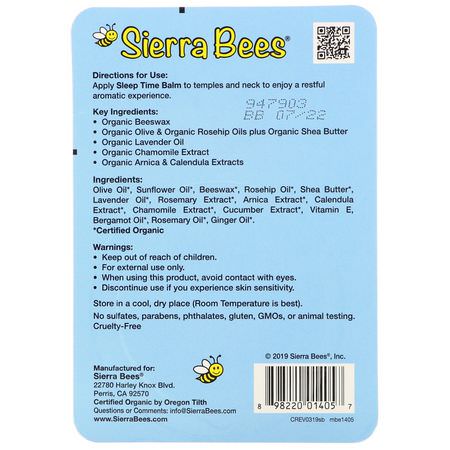 睡眠, 補品: Sierra Bees, Sleep Time Balm, Lavender & Chamomile, 0.6 oz (17 g)