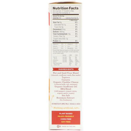 餅乾, 小吃: Simple Mills, Naturally Gluten-Free, Almond Flour Crackers, Smoky BBQ Cheddar, 4.25 oz (120 g)