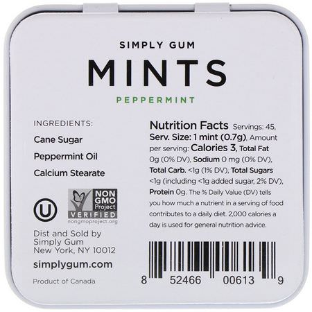 錠劑, 薄荷糖: Simply Gum, Mints, Peppermint, 1.1 oz (30 g)