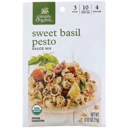 意大利麵醬, 番茄: Simply Organic, Sweet Basil Pesto Sauce Mix, 12 Packets, 0.53 oz (15 g) Each