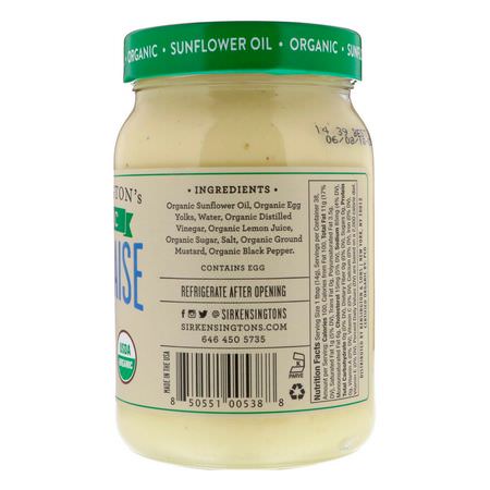 蛋黃醬, 醋: Sir Kensington's, Organic, Mayonnaise, 16 fl oz (473 ml)