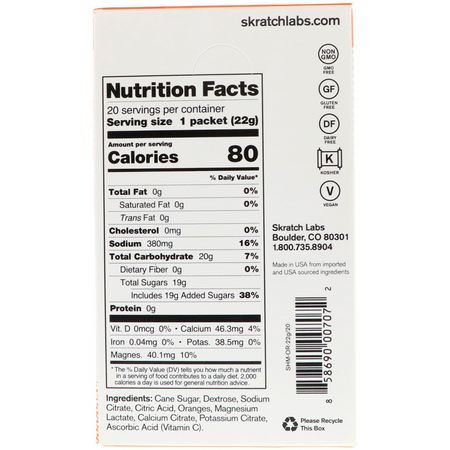 電解質, 水合: SKRATCH LABS, Sport Hydration Drink Mix, Oranges, 20 Packets, 0.8 oz (22 g) Each