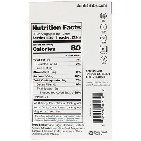 電解質, 水合: SKRATCH LABS, Sport Hydration Drink Mix, Strawberries, 20 Packets, 0.8 oz (22 g) Each