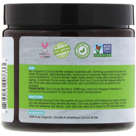 皮膚護理, 可可脂: Sky Organics, Organic Unrefined Raw Cocoa Butter, 16 oz (454 g)