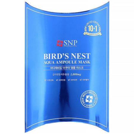 治療口罩, K美容口罩: SNP, Bird's Nest Aqua Ampoule Mask, 10 Sheets, 0.84 fl oz (25 ml) Each