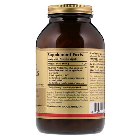 嗜酸菌, 益生菌: Solgar, Advanced Acidophilus Plus, 240 Vegetable Capsules