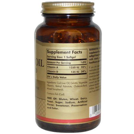 D, 維生素A: Solgar, Cod Liver Oil, Vitamins A & D, 250 Softgels