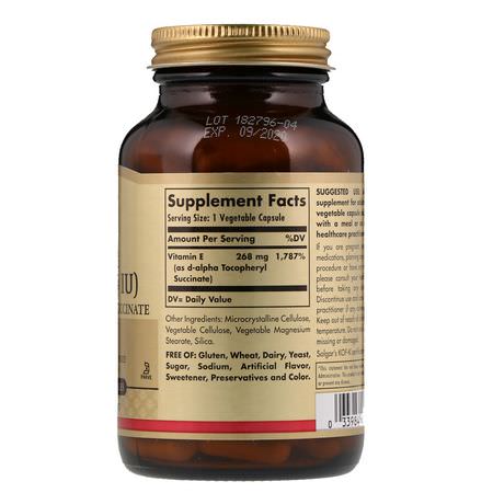 維生素E, 維生素: Solgar, Natural Dry E, 268 mg (400 IU), 100 Vegetable Capsules