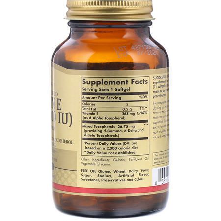 維生素E, 維生素: Solgar, Naturally Sourced Vitamin E, 268 mg (400 IU), 100 Softgels