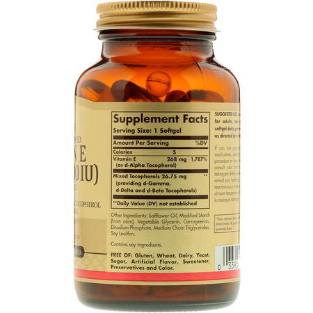 維生素E, 維生素: Solgar, Naturally Sourced Vitamin E, 268 mg (400 IU), 100 Vegetarian Softgels