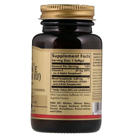 維生素E, 維生素: Solgar, Naturally Sourced Vitamin E, 67 mg (100 IU), 100 Softgels