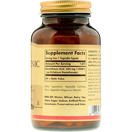 維生素B, 維生素: Solgar, Pantothenic Acid, 550 mg, 100 Vegetable Capsules