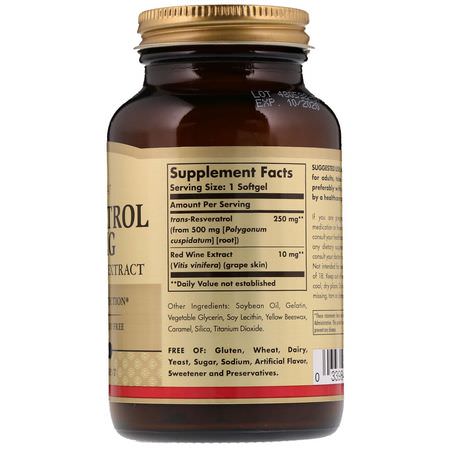 白藜蘆醇, 抗氧化劑: Solgar, Resveratrol, 250 mg, 60 Softgels