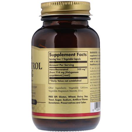 白藜蘆醇, 抗氧化劑: Solgar, Resveratrol, 500 mg, 30 Vegetable Capsules