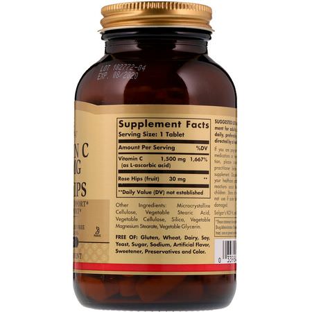 流感, 咳嗽: Solgar, Vitamin C, with Rose Hips, 1,500 mg, 90 Tablets