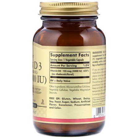 D3膽鈣化固醇, 維生素D: Solgar, Vitamin D3 (Cholecalciferol), 125 mcg (5000 IU), 120 Vegetable Capsules