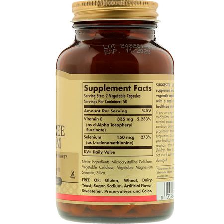 硒, 礦物質: Solgar, Vitamin Dry E with Yeast Free Selenium, 100 Vegetable Capsules
