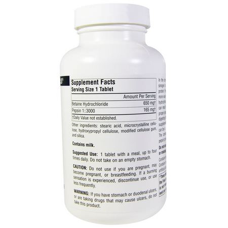 可卡因鹽酸鹽TMG, 消化物: Source Naturals, Betaine HCL, 650 mg, 180 Tablets