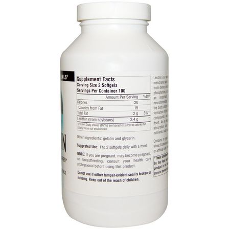 卵磷脂補充劑: Source Naturals, Lecithin, 1,200 mg, 200 Softgels