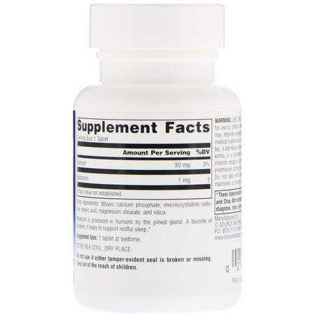 褪黑激素, 睡眠: Source Naturals, Melatonin, 1 mg, 100 Tablets