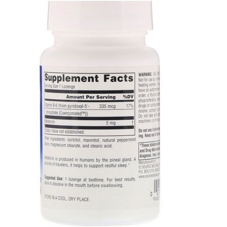 褪黑激素, 睡眠: Source Naturals, Melatonin, Peppermint, 5 mg, 200 Lozenges