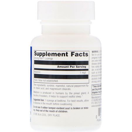 褪黑激素, 睡眠: Source Naturals, Melatonin, Peppermint, 1 mg, 100 Lozenges