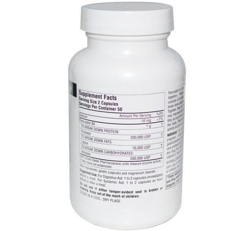 胰酶, 消化物: Source Naturals, Pancreatin 8X, 500 mg, 100 Capsules