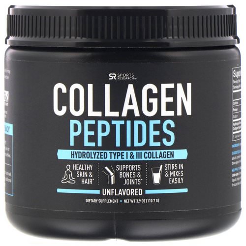 Sports Research, Collagen Peptides, Hydrolyzed Type I & III Collagen, Unflavored, 3.9 oz (110.7 g) Review