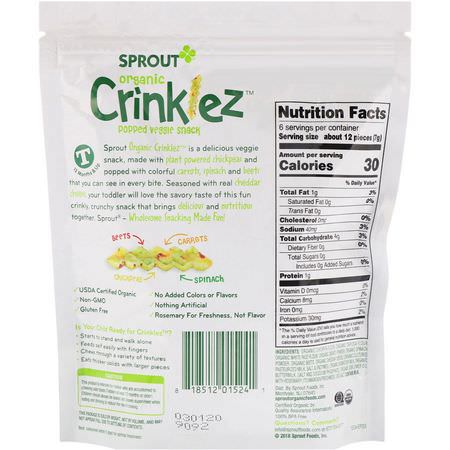 手指食品, 酒吧: Sprout Organic, Crinklez, Popped Veggie Snack, Cheesy Spinach, 1.48 oz (42 g)