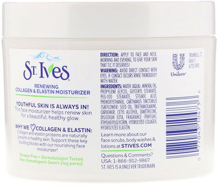 膠原蛋白, 面霜: St. Ives, Renewing Collagen & Elastin Moisturizer, 10 oz (283 g)