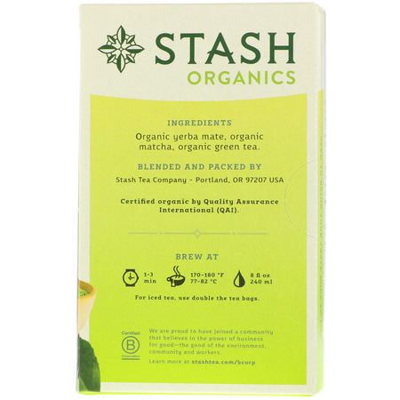 綠茶: Stash Tea, Green Tea, Organic Matcha Mate, 18 Tea Bags, 1.2 oz (36 g)