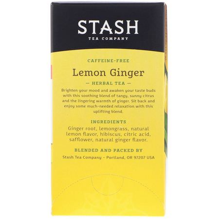 生薑茶, 涼茶: Stash Tea, Herbal Tea, Lemon Ginger, Caffeine Free, 20 Tea Bags, 1.1 oz (34 g)