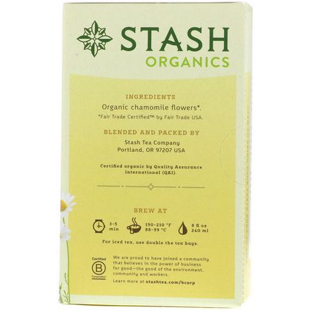 洋甘菊茶, 涼茶: Stash Tea, Herbal Tea, Organic Chamomile, Caffeine Free, 18 Tea Bags, 0.6 oz (18 g)