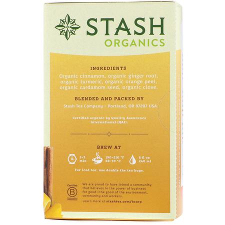 涼茶, 柴茶: Stash Tea, Herbal Tea, Organic Gold Cup Chai, Caffeine Free, 18 Tea Bags, 1.2 oz (36 g)