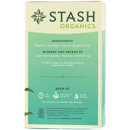 涼茶: Stash Tea, Herbal Tea, Organic Moringa Mint, Caffeine-Free, 18 Tea Bags, 0.8 oz (23 g)