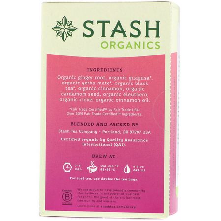 涼茶, 柴茶: Stash Tea, Herbal Tea, Organic Rainforest Chai, Caffeine-Free, 18 Tea Bags, 1.0 oz (30 g)