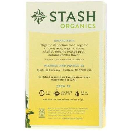 涼茶, 蒲公英茶: Stash Tea, Herbal Tea, Organic Sunny Dandelion Root, 18 Tea Bags, 1.0 oz (30 g)