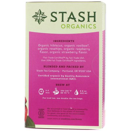 水果茶, 涼茶: Stash Tea, Herbal Tea, Organic Very Berry, Caffeine Free, 18 Tea Bags, 1.2 oz (36 g)