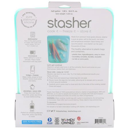 容器, 食物儲存器: Stasher, Reusable Silicone Food Bag, Half Gallon Bag, Aqua, 64.2 fl oz (1.92 l)