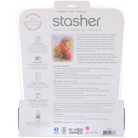 容器, 食物儲藏: Stasher, Reusable Silicone Food Bag, Half Gallon Bag, Clear, 64.2 fl oz (1.92 l)