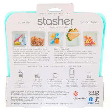 容器, 食物儲存器: Stasher, Reusable Silicone Food Bag, Sandwich Size Medium, Aqua, 15 fl oz (450 ml)